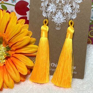Tassel Earrings Long Drop Dangles Yellow Smooth Silky Fringe Dressy Elegance NWT